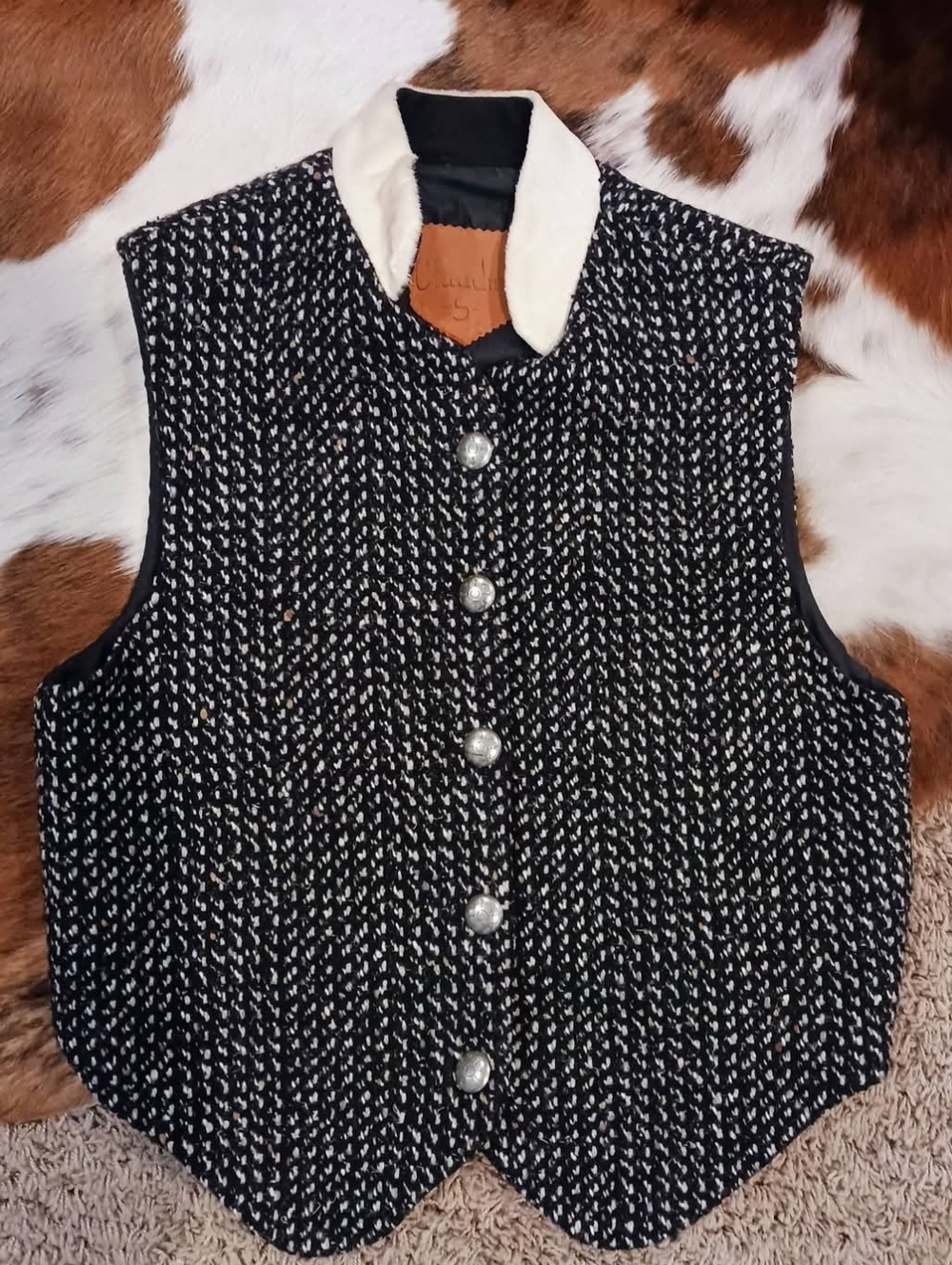 Black/White Tweed Wool Blend Button Vest w/ Hair On Hide Collar Sz S